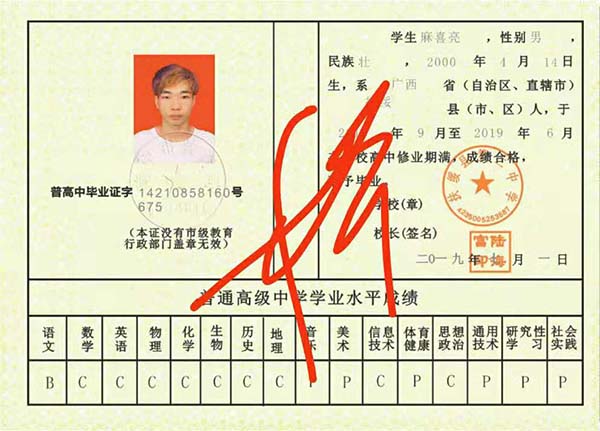 广西壮族自治区2019年高中毕业证样本（广西壮族自治区高中毕业证模板样本）